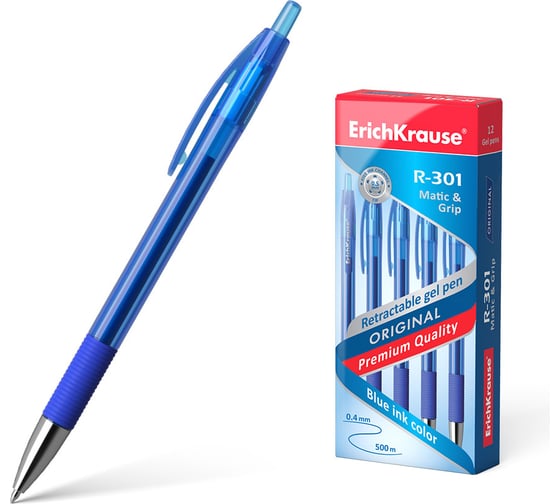 Ручка гелевая Erichkrause автоматическая R-301 Original Gel Matic&Grip 0,5, цвет чернил синий (в коробке по 12 шт,) 46814 1