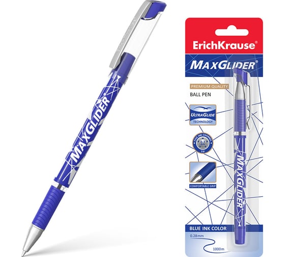 Ручка шариковая Erichkrause MaxGlider Stick&Grip 0,7, Ultra Glide Technology, цвет чернил синий (в блистере по 1 шт,) 45935