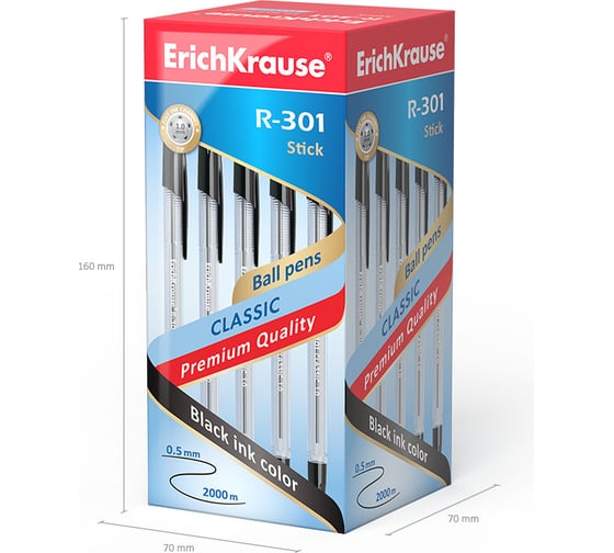 Ручка шариковая Erichkrause R-301 Stick Classic 1,0, цвет чернил черный (в коробке по 50 шт,) 43185