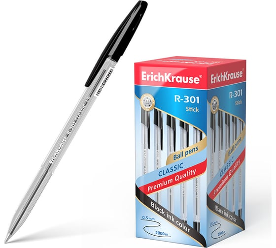 Ручка шариковая Erichkrause R-301 Stick Classic 1,0, цвет чернил черный (в коробке по 50 шт,) 43185