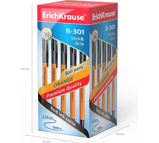 Ручка шариковая Erichkrause R-301 Stick&Grip Orange 0,7, цвет чернил черный (в коробке по 50 шт,) 39533