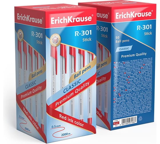 Ручка шариковая Erichkrause R-301 Stick Classic 1,0, цвет чернил красный (в коробке по 50 шт,) 43186