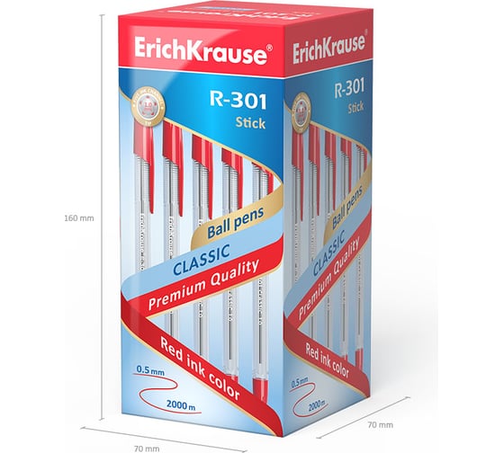 Ручка шариковая Erichkrause R-301 Stick Classic 1,0, цвет чернил красный (в коробке по 50 шт,) 43186