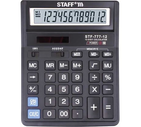 Настольный калькулятор STAFF STF-777, 12 разрядов, двойное питание, 210x165мм, черный 250458