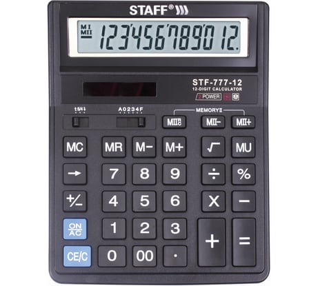 Настольный калькулятор STAFF STF-777, 12 разрядов, двойное питание, 210x165мм, черный 250458