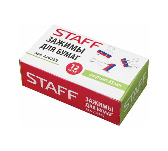 Зажимы STAFF ТРИКОЛОР для бумаг, комплект 12 шт, 25 мм, на 100 листов, картонная коробка, 226252