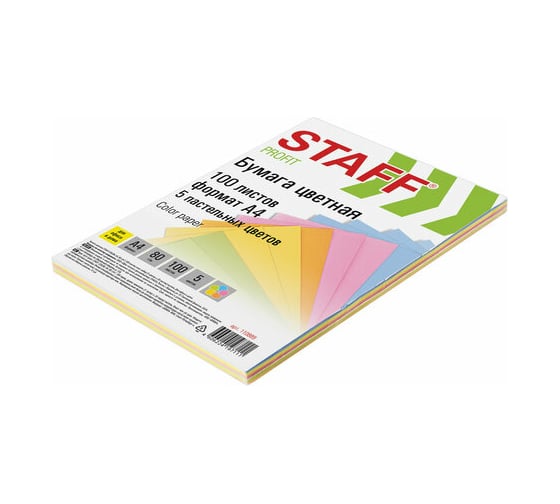 Цветная бумага STAFF Profit, А4, 80г/м, 100 листов, 5 цветов х 20 листов, пастель, для офиса и дома, 110889