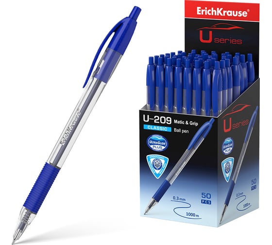 Ручка шариковая Erichkrause автоматическая U-209 Matic&Grip Classic 1,0, Ultra Glide Technology, цвет чернил синий (в коробке по 50 шт,) 47578