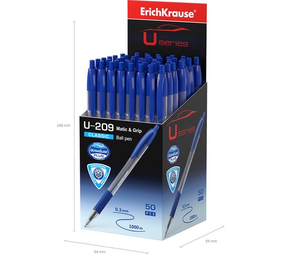 Ручка шариковая Erichkrause автоматическая U-209 Matic&Grip Classic 1,0, Ultra Glide Technology, цвет чернил синий (в коробке по 50 шт,) 47578