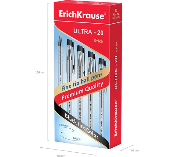 Ручка шариковая Erichkrause ULTRA-20 Stick Classic 0,7, Super Glide Technology, цвет чернил черный (в коробке по 12 шт,) 13876