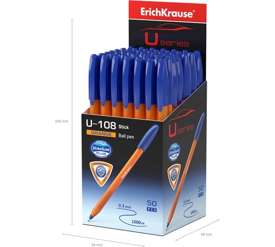 Ручка шариковая Erichkrause U-108 Stick Orange 0,7, Ultra Glide Technology, цвет чернил синий (в коробке по 50 шт,) 47582