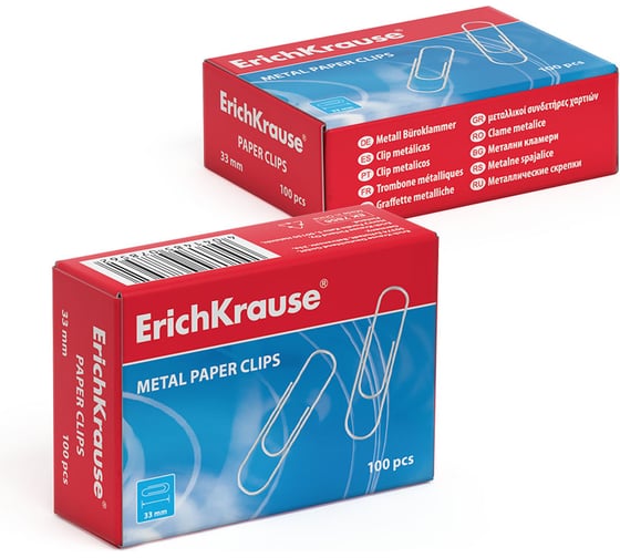 Скрепки металлические Erichkrause 33мм (в коробке по 100 шт,) 7856
