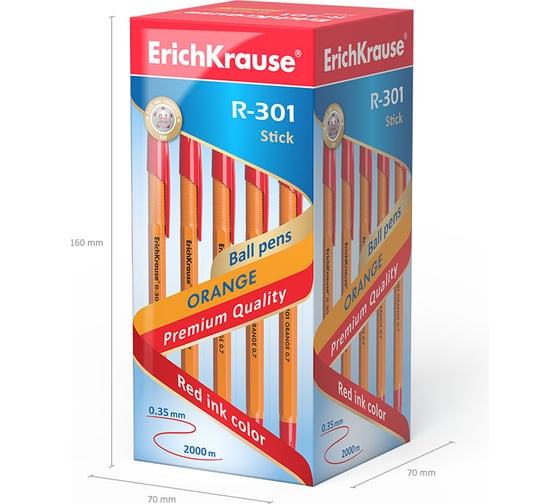 Ручка шариковая Erichkrause R-301 Stick Orange 0,7, цвет чернил красный (в коробке по 50 шт,) 43196