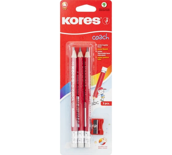 Трехгранные чернографитные карандаши Kores JUMBO, HB 3 шт, точилка, ластик 246167