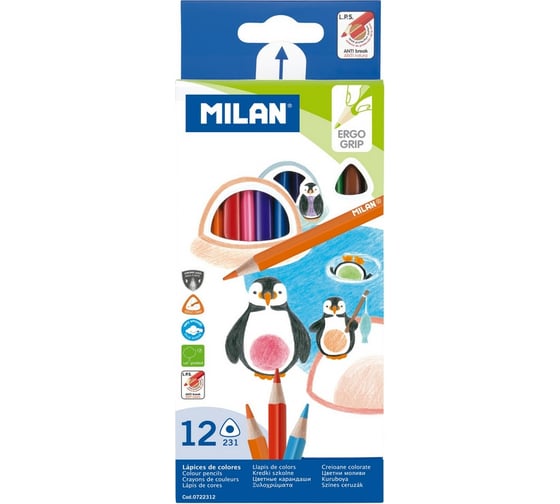 Трехгранные цветные карандаши Milan 12 цветов, 0722312 1110717 1
