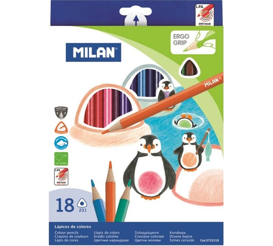 Трехгранные цветные карандаши Milan 18 цветов, 0722318 1110718 1