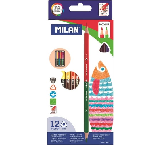 Трехгранные двусторонние цветные карандаши Milan 24 цвета 12 шт, 07112312 1116762 1