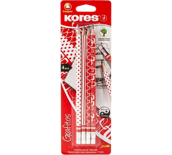 Чернографитные карандаши Kores HB набор 4 шт с ластиком 472622