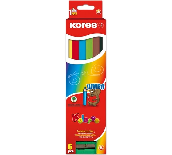 Трехгранные цветные карандаши Kores Jumbo 6 цветов, точилка 93506.01 264234