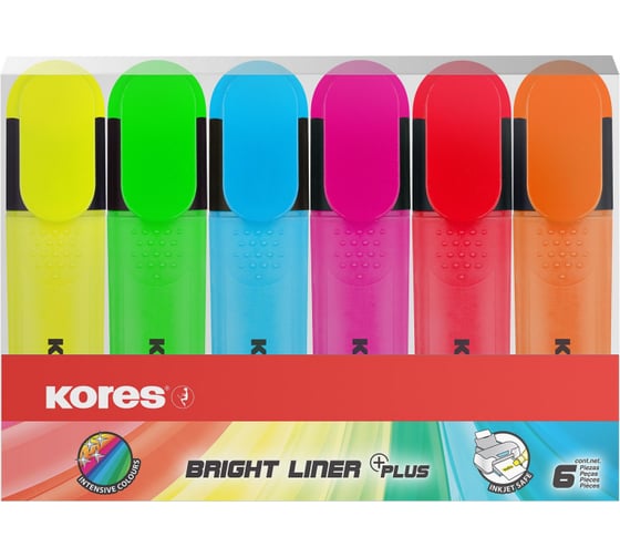 Текстовыделители Kores BRIGHT LINER PLUS скошенный наконечник, 1-5 мм, набор 6 цветов 1271207