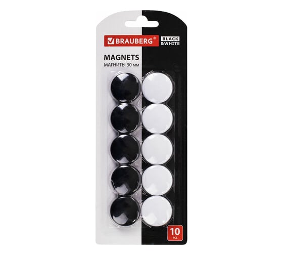 Усиленные магниты BRAUBERG BLACKWHITE 30 мм, набор 10 шт, черные/белые 237468