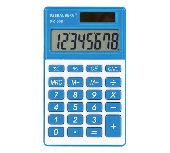 Карманный калькулятор BRAUBERG PK-608-BU 107x64 мм, 8 разрядов, двойное питание, синий 250519