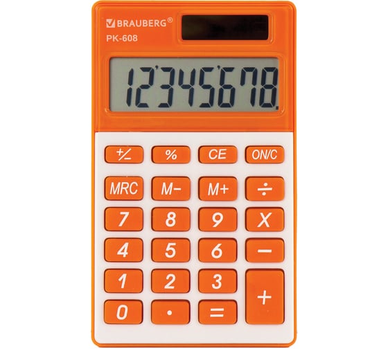 Карманный калькулятор BRAUBERG PK-608-RG 107x64 мм, 8 разрядов, двойное питание, оранжевый 250522