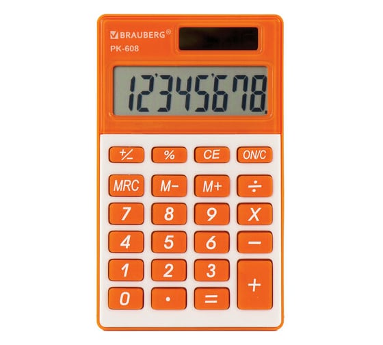 Карманный калькулятор BRAUBERG PK-608-RG 107x64 мм, 8 разрядов, двойное питание, оранжевый 250522 1