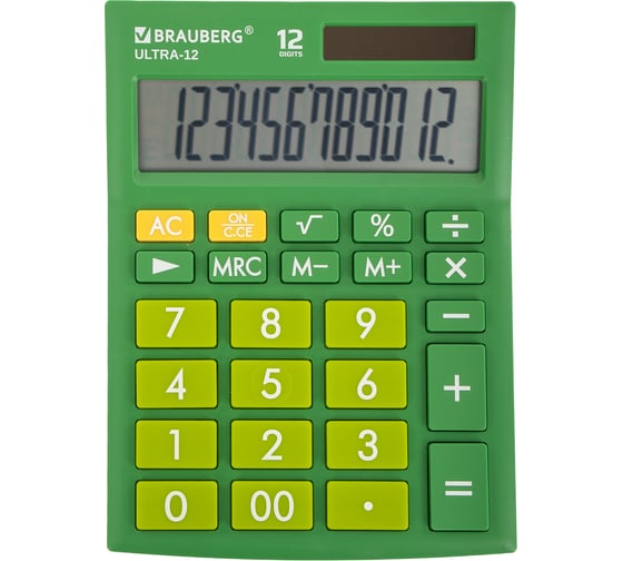 Настольный калькулятор BRAUBERG ULTRA-12-GN 192x143 мм, 12 разрядов, двойное питание, зеленый 250493