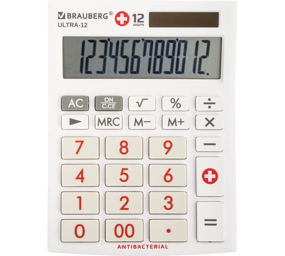 Настольный калькулятор BRAUBERG ULTRA-12-WAB 192x143 мм, 12 разрядов, антибактериал, белый 250506
