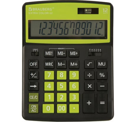 Настольный калькулятор BRAUBERG EXTRA COLOR-12-BKLG 206x155 мм, 12 разрядов, черно-салатовый 250477
