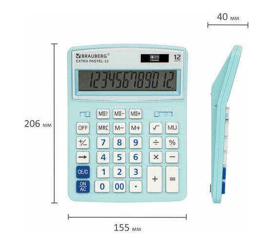 Настольный калькулятор BRAUBERG EXTRA PASTEL-12-LB 206x155 мм, 12 разрядов, голубой 250486