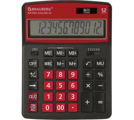 Настольный калькулятор BRAUBERG EXTRA COLOR-12-BKWR 206x155 мм, 12 разрядов, черно-малиновый 250479