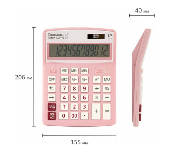 Настольный калькулятор BRAUBERG EXTRA PASTEL-12-PK 206x155 мм, 12 разрядов, розовый 250487
