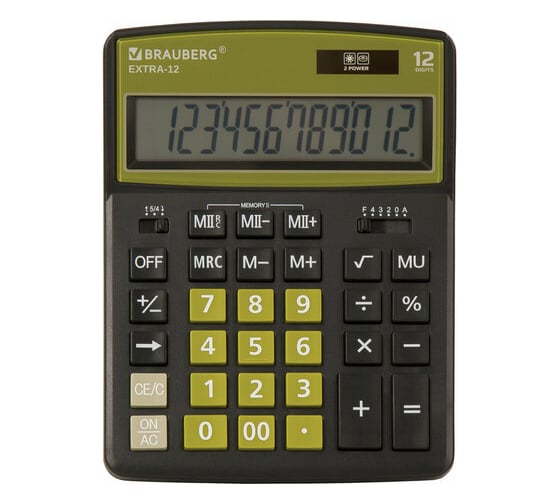 Настольный калькулятор BRAUBERG EXTRA-12-BKOL 206x155 мм, 12 разрядов, черно-оливковый 250471