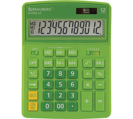 Настольный калькулятор BRAUBERG EXTRA-12-DG 206x155 мм, 12 разрядов, двойное питание, зеленый 250483