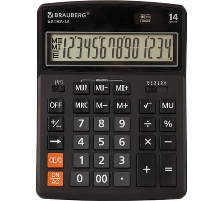 Настольный калькулятор BRAUBERG EXTRA-14-BK 206x155 мм, 14 разрядов, двойное питание, черный 250474