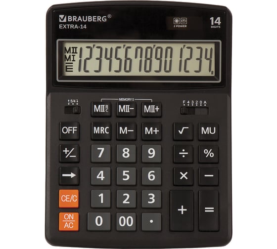 Настольный калькулятор BRAUBERG EXTRA-14-BK 206x155 мм, 14 разрядов, двойное питание, черный 250474