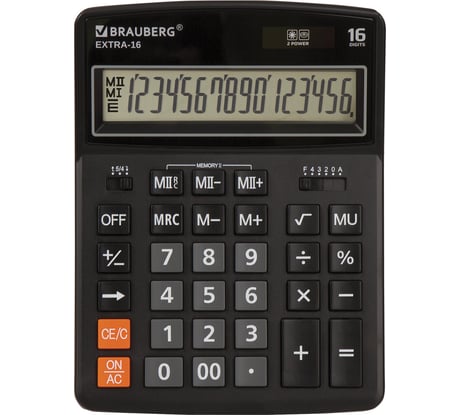 Настольный калькулятор BRAUBERG EXTRA-16-BK 206x155 мм, 16 разрядов, двойное питание, черный 250475