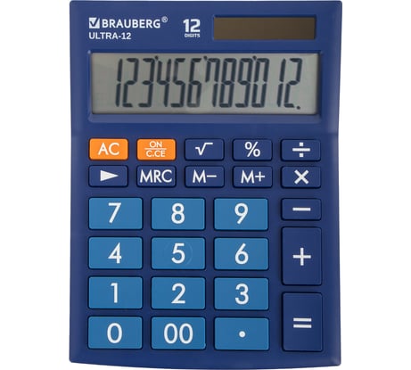 Настольный калькулятор BRAUBERG ULTRA-12-BU 192x143 мм, 12 разрядов, двойное питание, синий, 250492