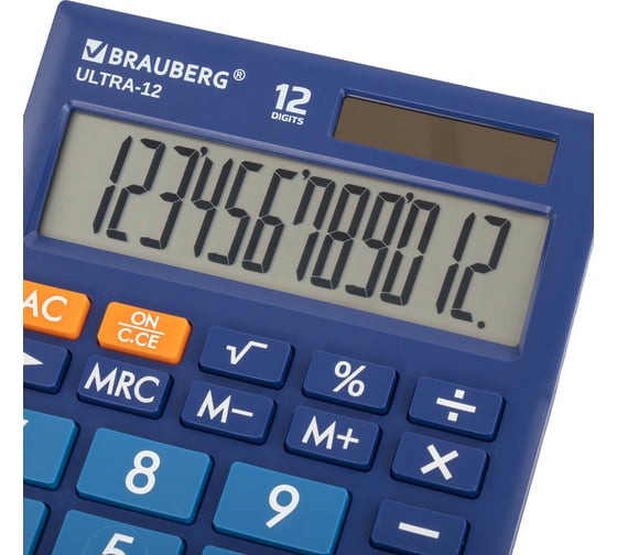 Настольный калькулятор BRAUBERG ULTRA-12-BU 192x143 мм, 12 разрядов, двойное питание, синий, 250492