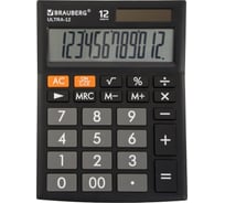 Настольный калькулятор BRAUBERG ULTRA-12-BK 192x143 мм, 12 разрядов, двойное питание, черный, 250491