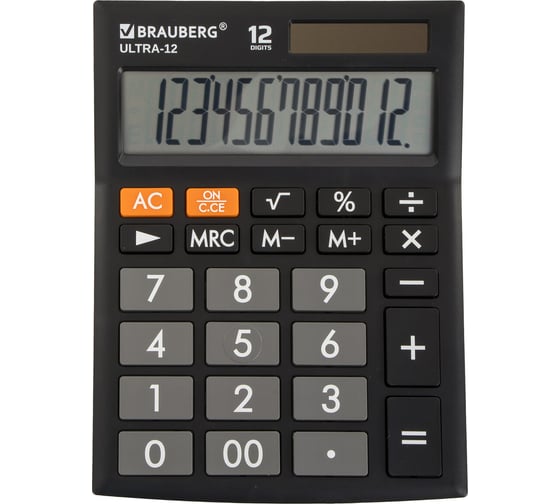 Настольный калькулятор BRAUBERG ULTRA-12-BK 192x143 мм, 12 разрядов, двойное питание, черный, 250491