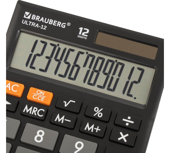 Настольный калькулятор BRAUBERG ULTRA-12-BK 192x143 мм, 12 разрядов, двойное питание, черный, 250491