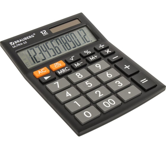Настольный калькулятор BRAUBERG ULTRA-12-BK 192x143 мм, 12 разрядов, двойное питание, черный, 250491