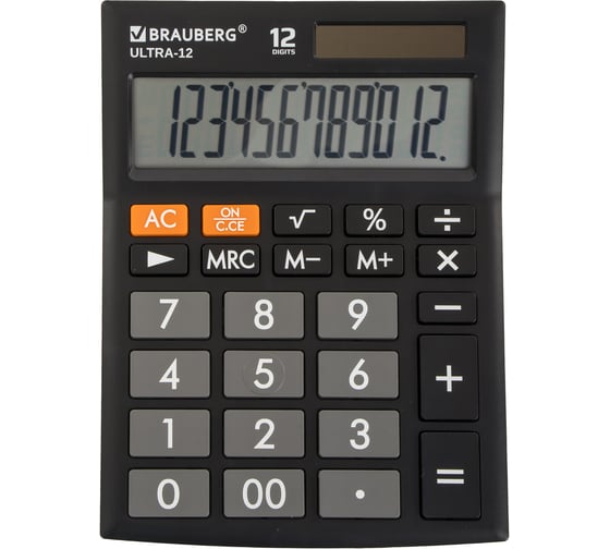 Настольный калькулятор BRAUBERG ULTRA-12-BK 192x143 мм, 12 разрядов, двойное питание, черный, 250491