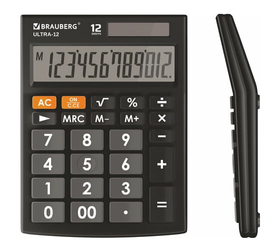 Настольный калькулятор BRAUBERG ULTRA-12-BK 192x143 мм, 12 разрядов, двойное питание, черный, 250491