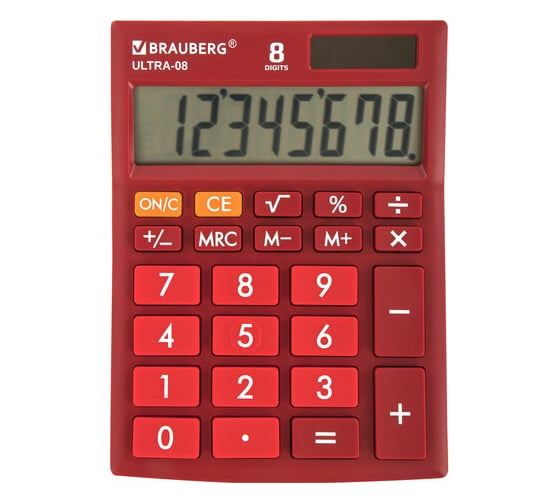 Настольный компактный калькулятор BRAUBERG ULTRA-08-WR, 154x115 мм, 8 разрядов, бордовый, 250510