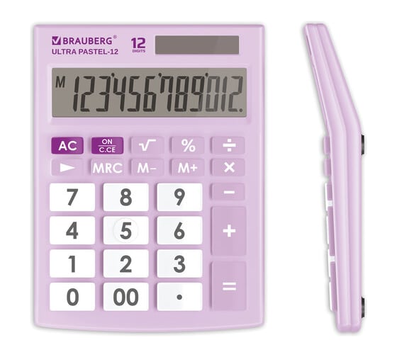 Настольный калькулятор BRAUBERG ULTRA PASTEL-12-PR 192x143 мм, 12 разрядов, сиреневый, 250505