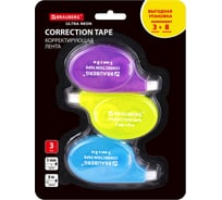 Корректирующая лента BRAUBERG ULTRA NEON, 5 мм х 8 м, 3 штуки в блистере 272665